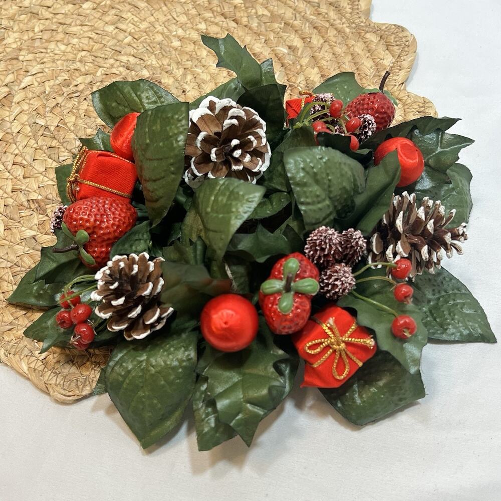 Vintage Candle Ring Wreath MCM Mid Century Holly Strawberries Satin Balls Gifts